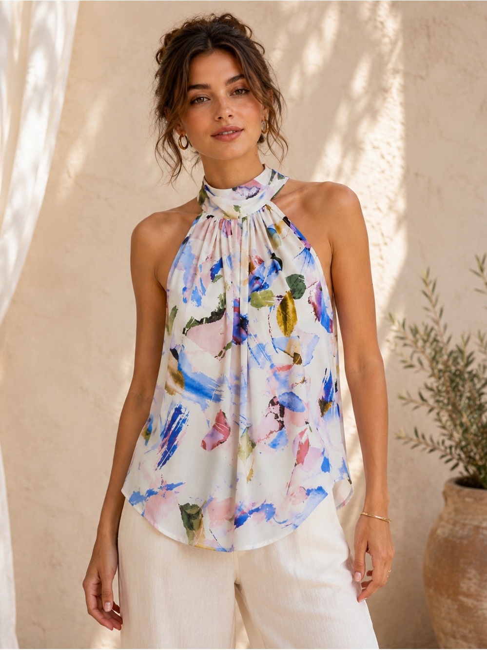 Anthropologie Bishop + Young Watercolor High Neck Handkerchief Top